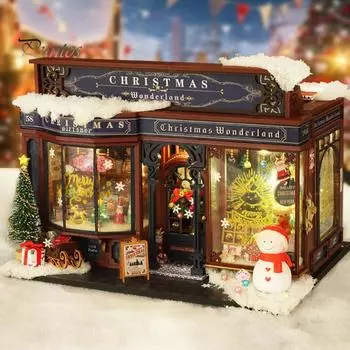 DIY Рождественский миниатюрный домик, светодиодный мини-дом, игрушка для творчества с мебелью, книжный уголок, игровая модель для дня рождения, рождественской ночи A