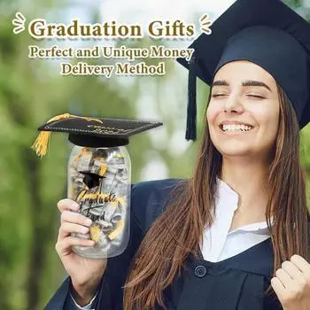 DIY Выпускная банка для денег Прозрачное тело Поздравления Колледж Шляпа Шляпа Комплект Бутылка для денег Центральные украшения чёрный
