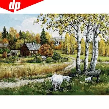 DIY Вышивка крестом Алмазная картина Березовый лес Полный дисплей Пейзаж Полный круглый Алмазная вышивка 20X30CM