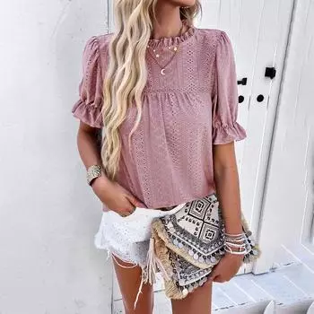 Diyun Женская европейская и американская футболка с коротким рукавом, повседневная, однотонная, с вырезами, коллекция весна/лето 2024 Large