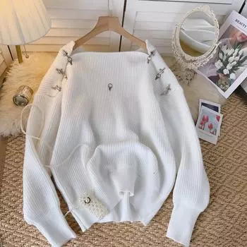 Дизайн Чувство чистого желания Ветер с металлической пряжкой Ленивый ветер Свободный ажурный вязаный свитер без бретелек с длинными рукавами и плечами