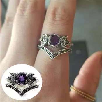 Дизайн для женщин и мужчин, ювелирные изделия в готическом стиле, подарок на помолвку, свадебное тройное кольцо с луной, кольцо с аметистом