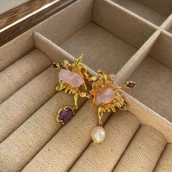 Дизайн Fuguang Ретро Серия Асимметричные Аметистовые Циркониевые Жемчужные Серьги-гвоздики Женские
