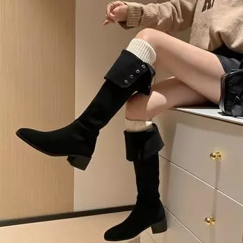 Дизайн, мода, новые женские сапоги выше колена с отворотом, высокие каблуки в стиле вестерн, длинные сапоги для женщин, большой размер 41 42 6