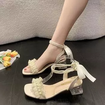 Дизайн Niche фея сандалии с юбкой лето новый французский темперамент жемчужный бант высокие каблуки женские 35