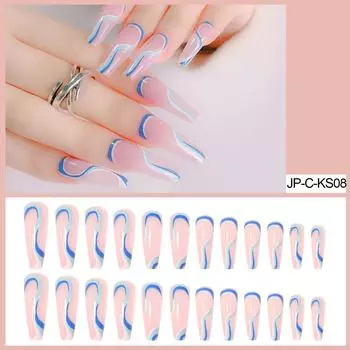 Дизайн ногтей европейский и американский синий полосатый гвоздь в стиле гроба, длинный балетный ноготь, накладные ногти, готовые 24 шт.