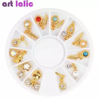 Дизайн ногтей с металлическим пером, подвеска, золотой кулон, кисточка, горный хрусталь, украшение на кончики