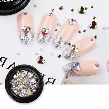 Дизайн ногтей Стекло с бриллиантами Акриловое сердце Любовь Плоский бриллиант Ювелирные изделия для ногтей Блестящая наклейка с бриллиантом