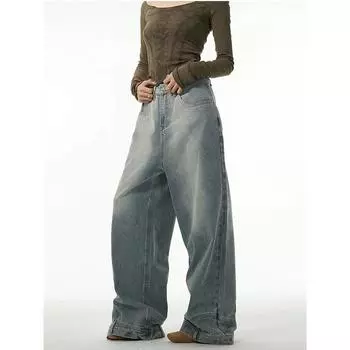 Дизайн подолa Модные женские синие джинсы Мешковатые винтажные уличные брюки с высокой талией Harajuku Эстетические широкие джинсовые брюки Одежда 90-х годов 2024 года S синий