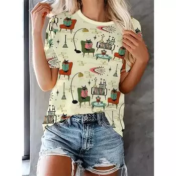 Дизайн Простая женская футболка с модным 3D-принтом и рисунком из мультфильма, повседневная свободная футболка с круглым вырезом и короткими рукавами, летняя футболка XXS