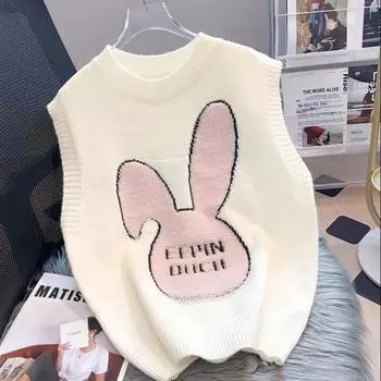 Дизайн пуловера Sense Letter с рисунком кролика, вязаный жилет, свитер, весна 2023, свитер без рукавов с круглым вырезом, жилет, пуловер, женские топы
