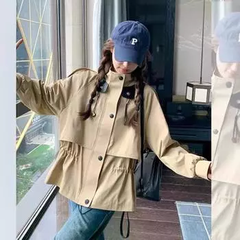 Дизайн ретро тонкий рабочая куртка ветровка на шнурке женская новый осенний повседневный топ S