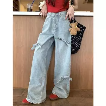 Дизайн с бантом, прямые узкие длинные джинсы, женские джинсовые брюки, большие размеры 4XL, милые повседневные брюки 2024, корейская ткань y2k e-girl, феякор 2000-х годов S синий