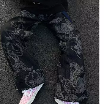 Дизайн с принтом дракона Винтажные джинсы Y2K Женские осенние и зимние персонализированные граффити Прямые широкие брюки Уличная одежда XS