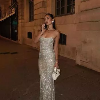 Дизайн Sense Блестящий Темперамент Платье Холтер Мода Мода Сексуальное Облегающее Платье с Запахом и ягодицами Длинное Платье XS абрикосовый