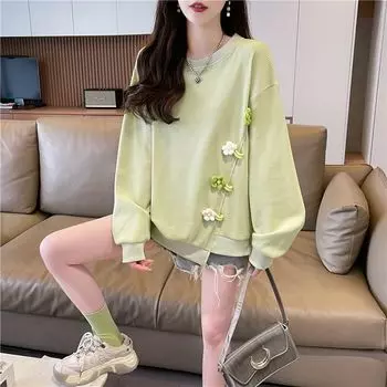 Дизайн Sense Niche Длинные рукава Новая универсальная корейская версия Свободный Плюс Размер Вафельный Толстовка с капюшоном для женщин L зелёный