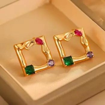 Дизайн Sense Niche Ретро Нерегулярная Текстура Фото Рамка Серьги Геометрические Модные Индивидуальные Цветные Цирконовые Серьги Женские 18K