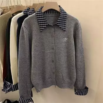 Дизайн Sense Поддельный Два свитера Женский кардиган Осень Новая корейская версия Контрастная строчка Поло воротник Вязаный топ One size серый