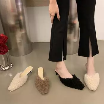 Дизайн смысл ниша темперамент заостренная голова пушистый полуперетаскивание французские высокие каблуки пушистая обувь осенне-зимняя одежда женская обувь тапочки 35 чёрный
