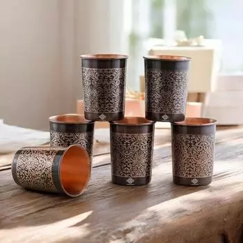 Дизайн Стекло – 275 мл, Аюрведическая медная посуда для напитков для ежедневного использования, Элегантный стакан для воды ручной работы для дома, офиса и для подарка, Набор из 6