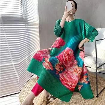 Дизайн в национальном стиле и новое модное плиссированное платье средней длины средней длины с принтом в западном стиле M зелёный