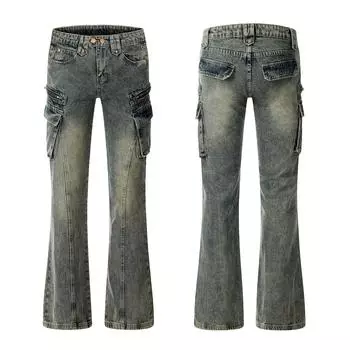 Дизайн в стиле Vibe с слегка расклешенной рабочей одеждой, узкие джинсы в стиле ретро из денима, модные фирменные джинсы American High Street S синий