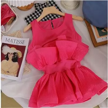 Дизайн в стиле вестерн, складки, оборки, утончение талии, швы, шифон, без рукавов, милая блузка One Size чёрный