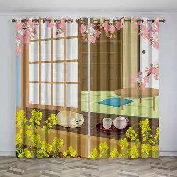 Дизайн занавесок с цветущей вишней, цветы, деревья, пейзаж, солнцезащитные шторы, гостиная, спальня, украшение дома, тонкие шторы, 2 шт. 100W130H(CM)40x51in&Hook