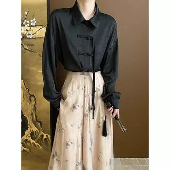 Дизайнерская атласная жаккардовая рубашка с бахромой на пуговицах ранней весной S чёрный