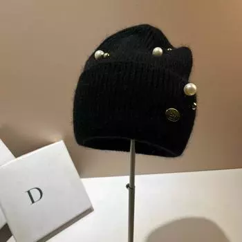 Дизайнерская брошь из жемчуга, вязаная шапка для женщин, роскошный металлический логотип, шерстяные шапки-бини, настоящий мех кролика, теплая женская шапочка для прогулок