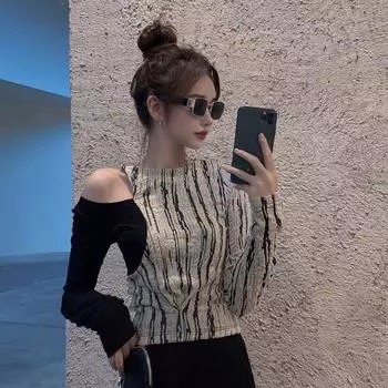 Дизайнерская футболка для женщин, сексуальная женская футболка с вырезами, лоскутная футболка с длинным рукавом, Femme, верхнее нижнее белье S чёрный