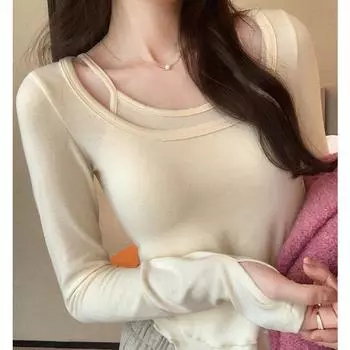 Дизайнерская футболка из двух частей с U-образным вырезом в стиле pure lust для женщин на осень и зиму, новый милый и универсальный короткий топ с грибком S