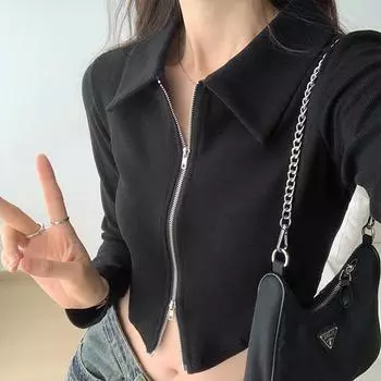 Дизайнерская футболка Niche Polo Collar с длинными рукавами, женская, ранняя осень, новая короткая куртка с застежкой-молнией S