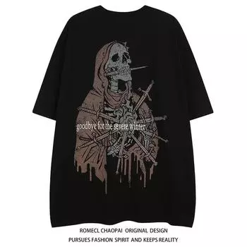 Дизайнерская футболка с принтом черепа, уличная хип-хоп футболка, свободная повседневная мужская и женская рубашка, большие размеры, хлопковая винтажная спортивная футболка S