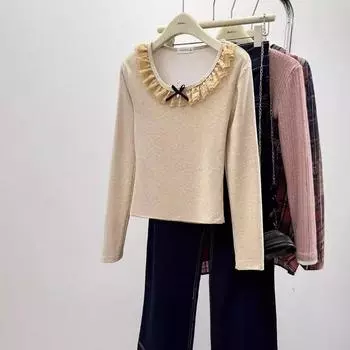 Дизайнерская и удобная рубашка с длинными рукавами, женская, ранняя осень, тонкая, модная, кружевная, приталенная рубашка с круглым вырезом S