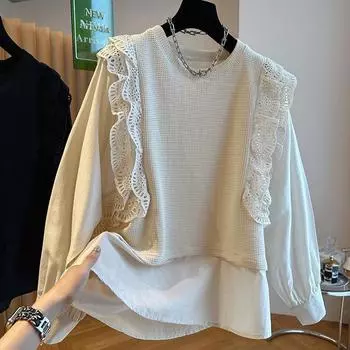 Дизайнерская кружевная вязаная рубашка-свитер для женщин в осенней одежде Красивые поддельные две модные рубашки-топы M бежевый