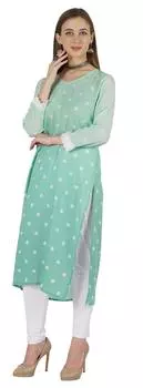 Дизайнерская курта с принтом бимбы для женщин, прямая курти с V-образным вырезом, традиционная этническая одежда - хлопок L зелёный