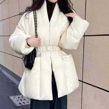 Дизайнерская куртка-пуховик для женщин 2024 года, зима, новая корейская версия, со шнуровкой, новая теплая куртка из белого утиного пуха S