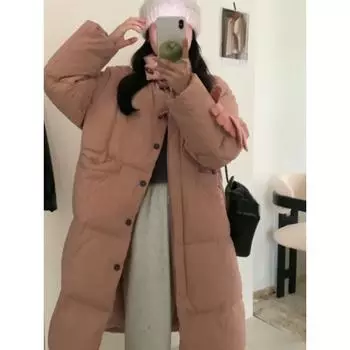 Дизайнерская куртка-пуховик женская длинная 2024 новая корейская версия воротник-стойка высококачественная роговая пряжка пуховик One size (recommended 90-75kg) грязно-белый