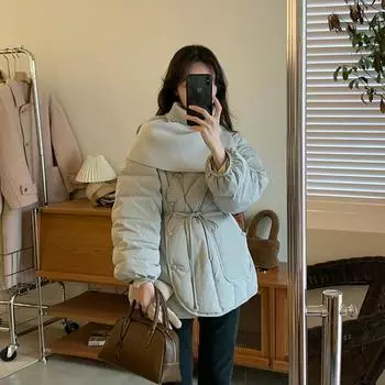 Дизайнерская куртка-пуховик зимняя новая съемная вязаная шарфовая лямка талия теплая белая куртка-пуховик на утином пуху S хаки