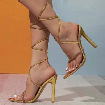 Дизайнерская летняя обувь с перекрестным ремешком, женские сандалии на высоком каблуке, сандалии с острым носком, золотые сандалии с острым носком, сексуальные вечерние босоножки на шпильке с открытой пяткой 42 золотой