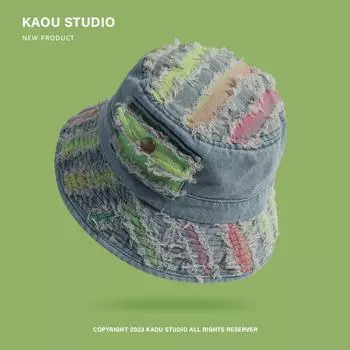 Дизайнерская нишевая джинсовая шляпа рыбака детская модная брендовая цветная полоса старая шляпа от солнца мужская хип-хоп хип-хоп шляпа для бассейна average size (55-58cm) светло-синий