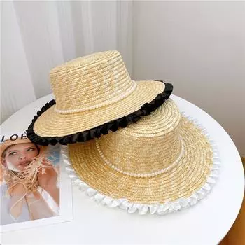 Дизайнерская нишевая французская знаменитая соломенная шляпа с плиссировкой из кружева и жемчуга, с большими полями, элегантная универсальная солнцезащитная пляжная шляпа M56-58cm чёрный