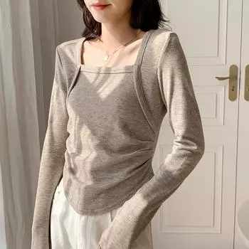 Дизайнерская облегающая рубашка с квадратным воротником и складками pure desire для женщин, весна и осень, новый топ из двух частей с имитацией ключицы, супер-фигурный S