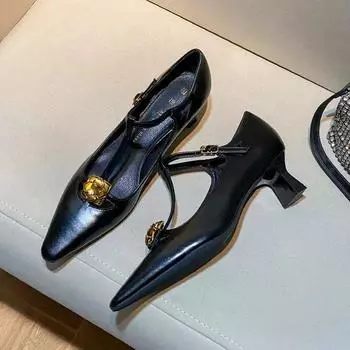 Дизайнерская обувь Новые ретро туфли на высоком каблуке Женские с Т-образным ремешком Модные Однотонные Осенне-зимние Женские Туфли на высоком каблуке 35