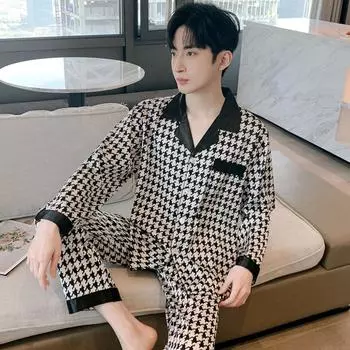 Дизайнерская пижама с рисунком «гусиная лапка» для мужчин, пижамный комплект из шелка Ice, молодежная домашняя одежда, ночная одежда для подростков, костюм с длинными рукавами, комплект для сна для мужчин 50-60 kg