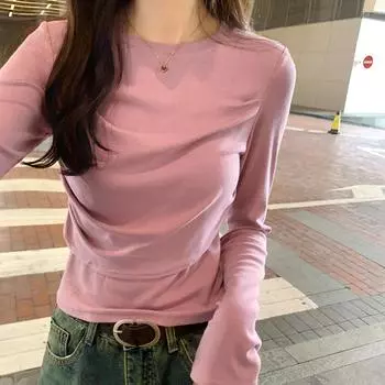 Дизайнерская плиссированная футболка с длинными рукавами, женская, осень-зима, новая, облегающая, короткая, универсальная, с низом S