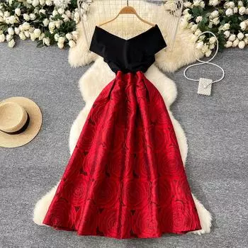 Дизайнерская подиумная новая летняя мода винтажные женские сексуальные жаккардовые платья высокого качества с V-образным вырезом в стиле бохо для отдыха S красный