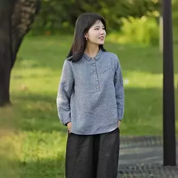 Дизайнерская рубашка с длинными рукавами из натурального хлопка и льна, простая однотонная, свободная, литературная, весна-осень, новый стиль, нижняя часть рубашки для женщин M