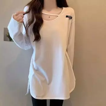 Дизайнерская рубашка с разрезом снизу для женщин, новый осенне-зимний стиль, свободный топ средней длины с брюками-акулами, футболка с длинными рукавами. S